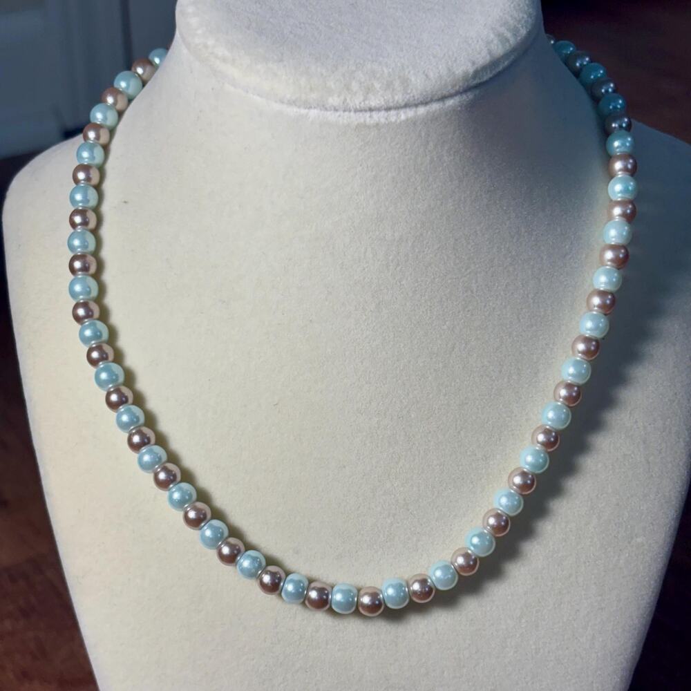 Blue & Silver Bead Necklace w/ Floral Clasp, Vintage Jewelry